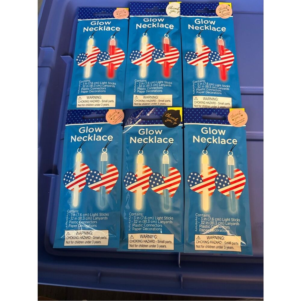 New 6 Packs Glow Necklace with American Flag Heart Pendant - Blue / White / Red